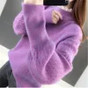 Pulls pour femmes 2021 blanc Mohair épaissir pull à col roulé automne hiver doux mode lanterne manches décontracté couleur unie pull Pull Fe