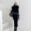 Hiver Coréen Chic Tempérament Slim Tie-Up Robes Sexy Sans Bretelles Noir Pull En Tricot Robes 210520