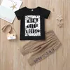 Zomer Kinderen Sets Casual Korte Mouw O Neck Letter T-shirt Bruin Broek 2 stks Meisje Jongens Kleding 9 M-5T 210629