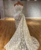 2021 Straplez Mermaid Abiye Overkirt Boncuk Sequins Ile Dantel Aplike Balo Parti Abiye Lüks Vestido De Novia