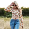 Printemps V-Neck Flare Sleeves Super-short Skinny Floral Printing Sexy Pullover Women's Blouse 210524