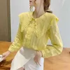 Blusas mujer de moda осень корейский стиль кружевной кукла воротник рубашка верхняя сетка шифон с длинным рукавом женская блузка 955d 210420