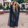 Богемский черный вышивка летняя пляжная одежда шифон Kaftan Beach Guird Tunic Ванна платье платье халат Plage плавать покрыть крышка Q960 210420