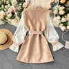 Office Lady Light Mature Autumn Retro Lace-up Waist Double Breasted Dress Mini Puff Long Sleeve Notched Tops Temperament Coat 210610