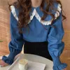 Pullover blu patchwork in pizzo sciolto tutto abbinato Colletto alla Peter Pan Office Lady Chic Gentle Fashion Camicie 210525