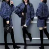 Automne Bleu Tweed Deux Pièces Ensembles Tenues Femmes Plus Taille Manteau Et Mini Jupe Costumes Élégant Mode Casual 2 210513