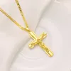 9K GUL SOLID GOLD GF Italienska Jesus Crucifix Wide Cross Pendant Figaro Link Kedjan Halsband 24 "3mm Womens Mens