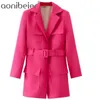 Pink Office Lady Casual Blazers Spring Summer Patch Pockets Wrist Sleeve Open Front Belted Women Long Suit Jacket 210604