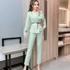 spring fashion temperament women Two Piece Sets Diamond-studded mesh long-sleeved jacket + pants suit 2 sets 210531