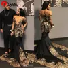 2022 Africano Preto Vestidos de Prom com Appliques Gold Lantejoulas V Pescoço Manga Curta Sereia Vestido De Festa Tribunal Trem Vestidos de Noite W59