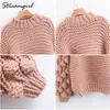 Handmade Sweater Women Knit Lantern Sleeve Oversized Sweater Coarse Knitted Sweaters For Women Sweaters With Balls Female 210421