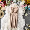 2020 elegante V-ausschnitt Spaghetti Strap frauen Sexy Kleid Sommer Beige/Gelb Hohe Taille Perlen, Figurbetontes Kleid Für weibliche Vestidos Y0603