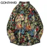 Gonthwid Hawaiian Beach Shirts Leaf Bloemen Floral Print Lange Mouw Aloha Party Vakantie Shirt Streetwear Mens Hip Hop Tops 210714