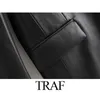 TRAF ZAレディースファッションPUフェイクレザールースブレザーコートビンテージポケット長袖バックベントメスアウターシックトップ211007