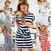 Maternity Dresses Fashion Short Sleeve Dress Shows Thin Round Neck Stripe High Waist Medium Length Pregnant Clothes Q0713