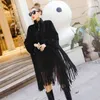 Spring Autumn Black Jacket Women Loose Tassels Turtleneck Long Sleeve Cape Coat Fashion Plus Size Ponchos 211029