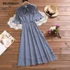 Chic Summer Dresses Women V-neck Lace-up Chiffon Ruffles Polka Dot Printed Midi Dress Elegant Retro Leisure Party Robe Femme 210520