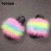 Summer Home Flat Shoes Women Furry Alippers Fluffy Raccoon Slides Rainbow Faux Flip Flops Female's Soft Cute Sandals