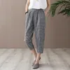 Johnature Zomer Katoen Linnen Retro Plaid Elastische Taille Harem Broek Simple Leisure All-match Dames Enkellange broek 210521