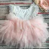 Super Cute toddler girls beading dress for baby baptism birthday kids flutter sleeve tutu princess vestido clothing 210529