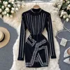 Novo design feminino outono manga longa colarinho rebites patchwork sexy cintura alta bodycon túnica lápis vestido assimétrico