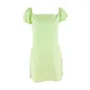 Vintage 90s estetisk Elegant Sweet Square Collar Mini Bodycon Casual Y2K Fashion Cute Puff Sleeve A-Line Dresses Outfits Green X0521