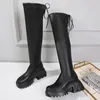 Sohle 43 Größe Stiefel FONBERRY Chunky Platform Stretch Overknee High Women Elegant Back Lace Up Wide Tube Long Riding 994