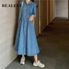 Vestido de mezclilla Vintage para mujer, otoño, cintura alta, cuello vuelto, informal, suelto, estilo OL, vestidos largos ajustados para mujer, 210428