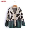 Tangada Outono Mulheres Verde Leopardo Impressão de Malha Cardigan Camisola Jumper Vintage Manga Longa Button-Up Feminino Outerwear 3A5 211103