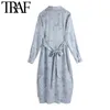 TRAF Women Chic Fashion With Belt Floral Print Midi Dress Vintage Long Sleeve Side Vents Female Dresses Vestidos Mujer 210415