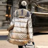 Winter Jacket Women Fur Hooded Parka Glossy Coat Oversized Puffer Casaco Cotton Padded Warm Womens Women's Down & Parkas