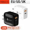 18W Typ C Charger EU US AC Home Travel Fast Charging USB-C PD Wall Chargers Adapter för iPhone 11 12 13 14 Samsung PC Xiaomi Power Charger With Box