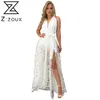 Femmes robe tempérament dentelle blanche es col en V profond dos nu fendu Sexy longue été Maxi es mode 210513