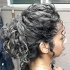 Mjukt Curly Grey Human Hair Ponytail Förlängning Saltpeppar Naturligt Grå Weave Bundlar Hårstycke Real Remy Pony Tail Drawstring Clip In 120g