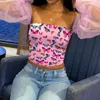 Off Shoulder Long Puff Sleeve Blouse Butterfly Tryckt Lace Up Backless Crop Top 210521