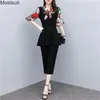 Elegang Fashion Summer 2 Piece Set For Women Plus Size Short Sleeve Print Tops And Pants Suit Female Work Sets Outfit Korea 210513