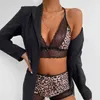 Women Fashion Sexy Lace Patchwork 2 Pcs Matching Sets Leopard Print Clothes Sling V Neck Backless Vest And Elastic Waist Shorts 210517