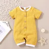 Yaz Bebek Çizgili Tulum Kısa Kollu Düğme Toddler Bebek Erkek Girsl Tulumlar Giyim Bodysuits M3511