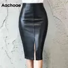 AACHOAE женская мода PU искусственные кожаные карандашные юбки офисные одежды Сплит черный MIDI женский плюс размер шикарный BodyCon 210619