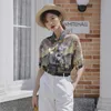 Tie Dye Floral Blouse Women Short Sleeve Button Up Shirt Summer Ladies Tops Print Flower Korean Style 210427