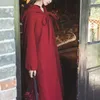 FORSE U Donna Cappotto di lana rosso vintage Manica lunga Colletto con cappuccio Fiocco con lacci Cappotto lungo Mantello invernale C0353 210529