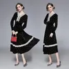 Casual jurken 2021 Spring Vintage Polk Dot Velvet Dress Women V-Neck Lange Sleeve Lace Patchwork Elegant Midi-Kalf Hoge kwaliteit Vestidos