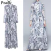 Runway Designer Rose Blume Luxus Maxikleid Chiffon Langarm Schärpen O-Ausschnitt Spribng Sommer Urlaub Party Robe Kleider 210421