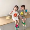 Koreanischer Stil Sommer Mädchen Cartoon Druck Lässige lange T-Shirts Baby Baumwolle Lose Kurzarm Kleid 2-7Y 210615