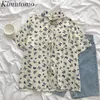 Kimutomo Chic Butterfly Printed Blouse Korean Bandage Turn-down Collar Short Sleeve Shirt Summer Outwear Casual Top Femme 210521