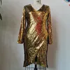 Sequins Dress Women Sexy Fashion Midi Dresses Golden Party Night Club African Ladies V-Neck Långärmad Plus Storlek 2021 Vår X0521