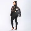 Sexy Black Lace Mesh Bodysuit Long Sleeve Round Neck Perspective Ladies Bandage Jumpsuit Body Fashion 210527