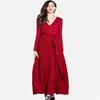 Elegnat Dames Lange geplooide Maxi Jurk Vestidos Herfst Winter Vrouwen Sexy V Neck Robe Zwart Basis BreiGing Party 210525