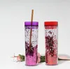 Bicchiere da 16 once in acrilico glitterato Bottiglia d'acqua trasparente a doppia parete con cannuccia Bicchieri magri colorati senza BPA Bicchieri riutilizzabili A02