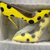 Hot Koop-Mode Vrouwen Pumps Geel Wave-Point Patent Lederen Hoge hakken Polka Pot Dunne hakken Stiletto Puntige Toes Jurk